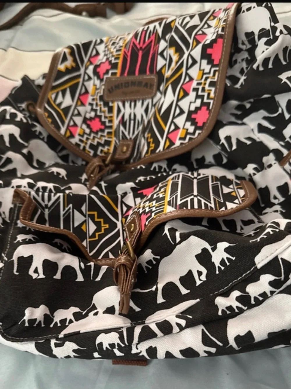 UNIONBAY Black & White Elephant Pattern Backpack with Pink and Yellow Accents